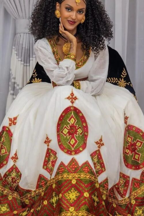 Zuria Habesha Kemis – White with Red & Gold Tibeb (Style 2) – Azmarino Fashion Boutique