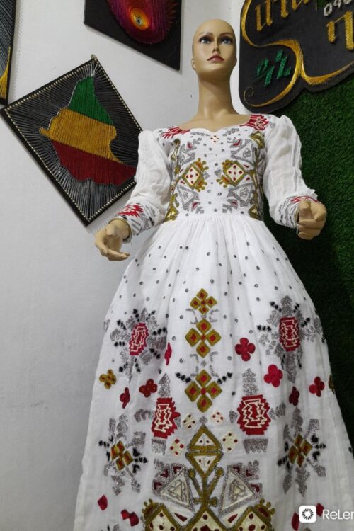 Zuria Habesha Kemis – White with Red & Gold Tibeb (Style 3) – Azmarino Fashion Boutique
