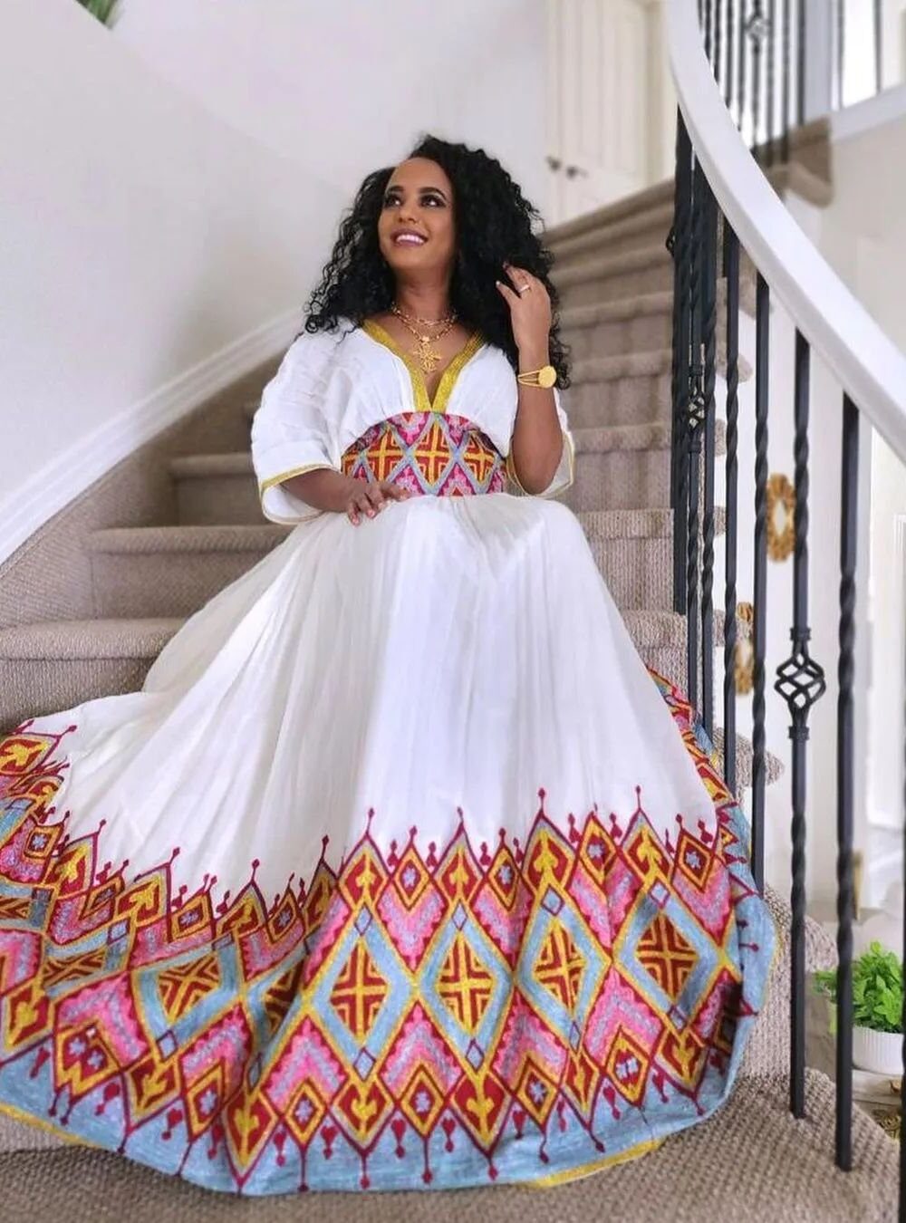 Zuria Habesha Kemis – White with Red & Gold Tibeb (Style 4) – Azmarino Fashion Boutique