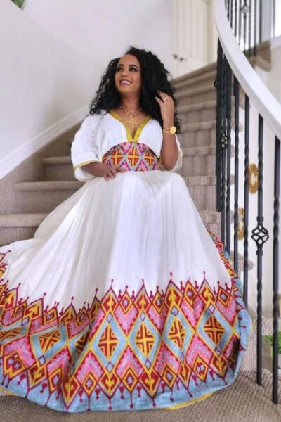 Zuria Habesha Kemis – White with Red & Gold Tibeb (Style 4)