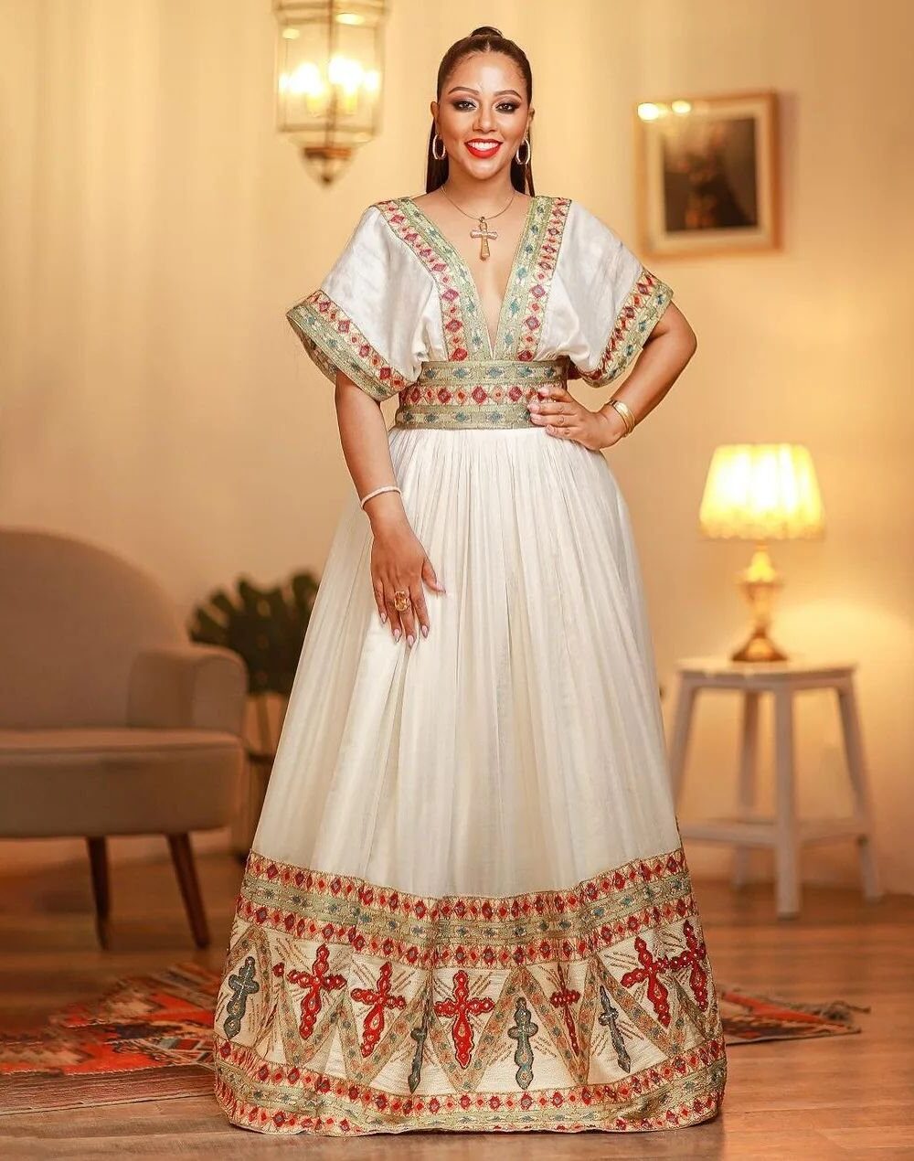 Zuria Habesha Kemis – White with Red & Gold Tibeb (Style 5) – Azmarino Fashion Boutique