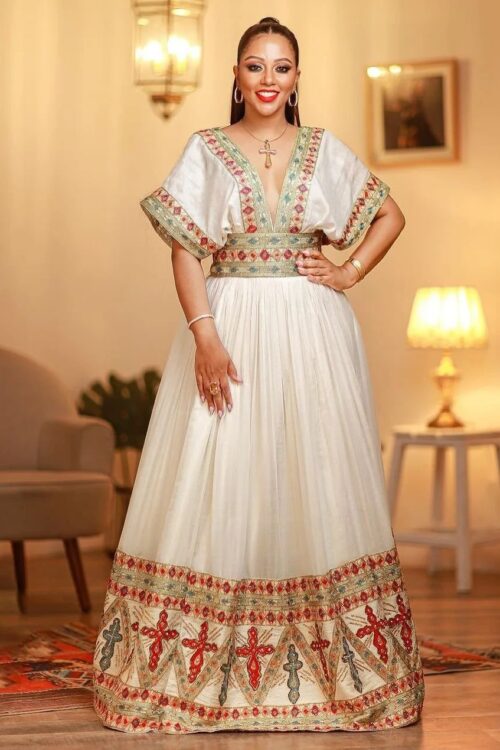Zuria Habesha Kemis – White with Red & Gold Tibeb (Style 5) – Azmarino Fashion Boutique
