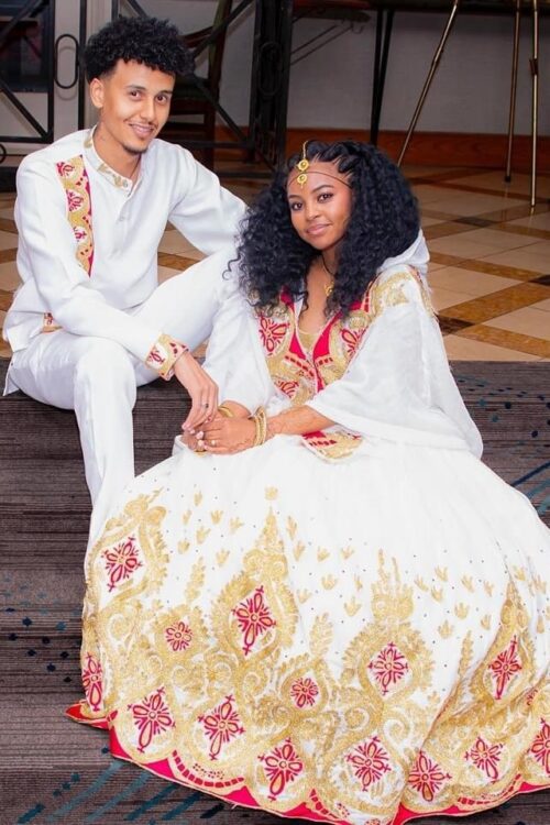 Zuria Habesha Kemis – White with Red & Gold Tibeb (Style 6) – Azmarino Fashion Boutique