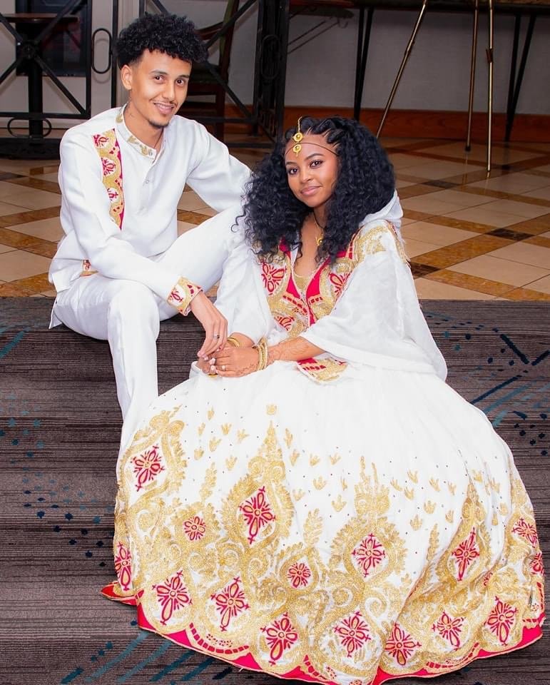 Zuria Habesha Kemis – White with Red & Gold Tibeb (Style 6) – Azmarino Fashion Boutique