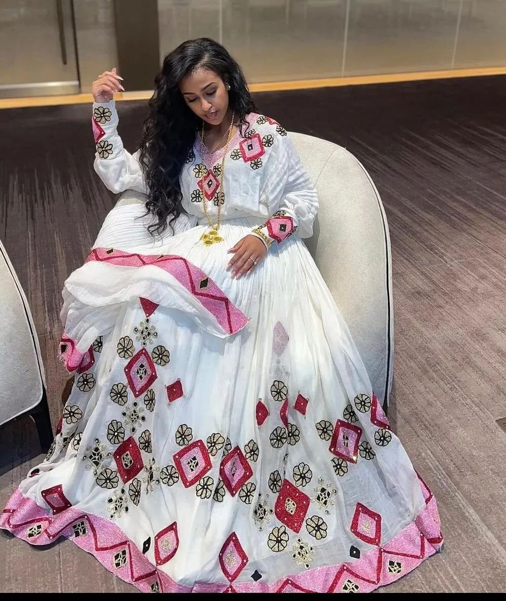 Zuria Habesha Kemis – White with Red & Green Floral Tibeb – Azmarino Fashion Boutique