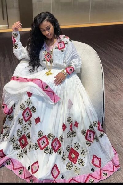 Zuria Habesha Kemis – White with Red & Green Floral Tibeb