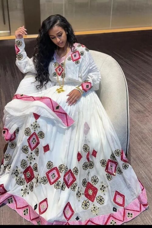 Zuria Habesha Kemis – White with Red & Green Floral Tibeb – Azmarino Fashion Boutique