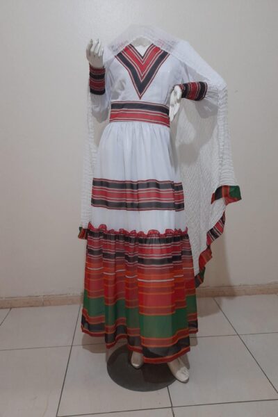 Zuria Habesha Kemis – White with Red & Green Stripes