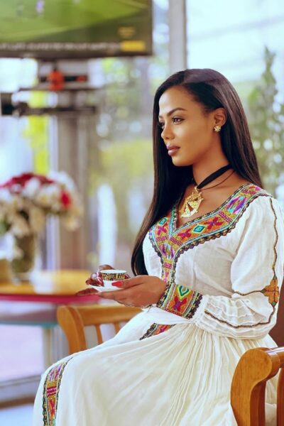 Zuria Habesha Kemis – White with Red & Green Tibeb