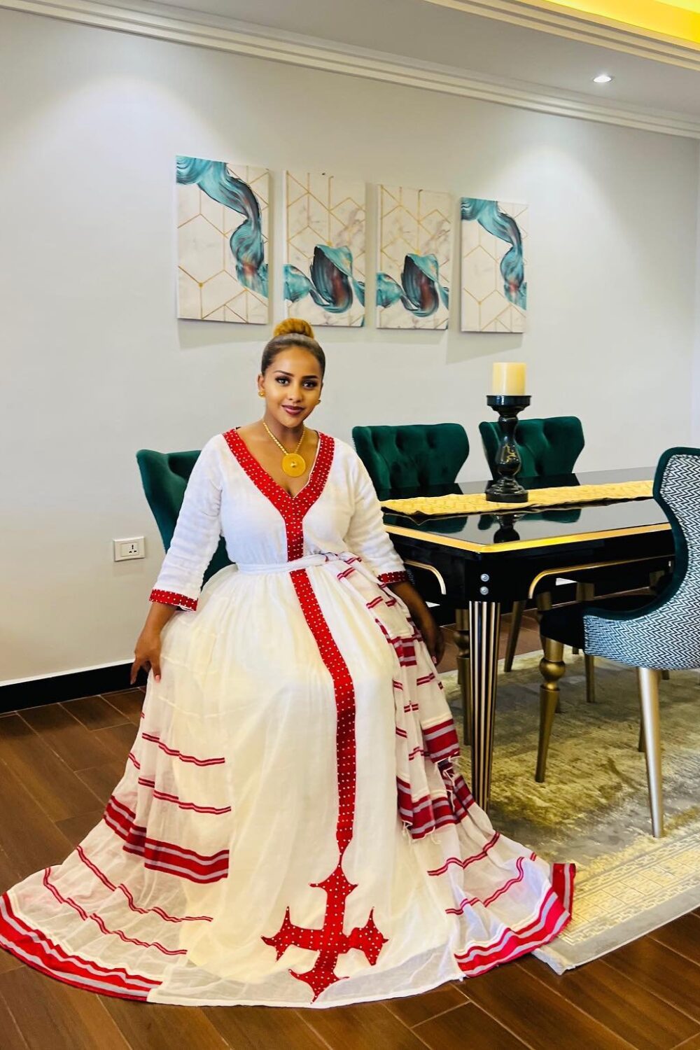 Zuria Habesha Kemis – White with Red Cross Tibeb (Style 1) – Azmarino Fashion Boutique