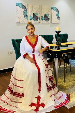 Zuria Habesha Kemis – White with Red Cross Tibeb (Style 1) – Azmarino Fashion Boutique – view 3