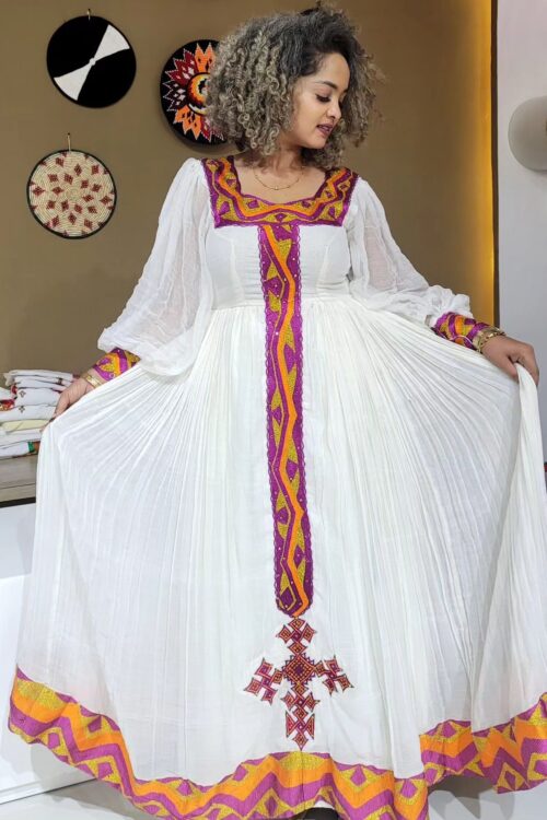 Zuria Habesha Kemis – White with Red Cross Tibeb (Style 2) – Azmarino Fashion Boutique
