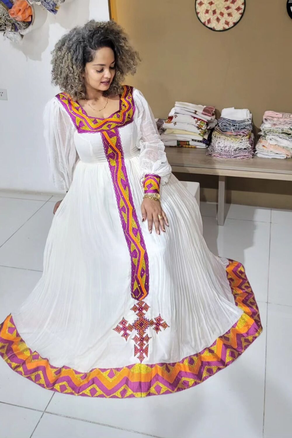 Zuria Habesha Kemis – White with Red Cross Tibeb (Style 2) – Azmarino Fashion Boutique – view 2