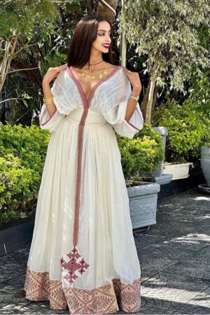 Zuria Habesha Kemis – White with Red Cross Tibeb (Style 3) – Azmarino Fashion Boutique