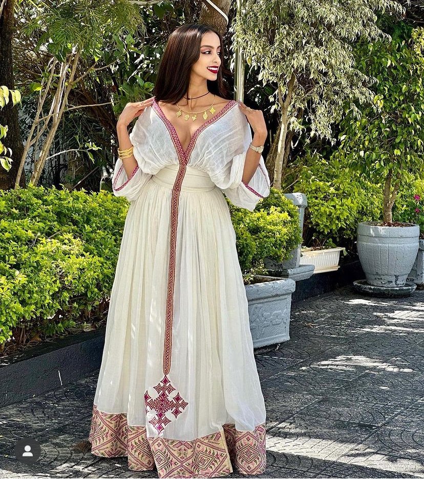 Zuria Habesha Kemis – White with Red Cross Tibeb (Style 3) – Azmarino Fashion Boutique