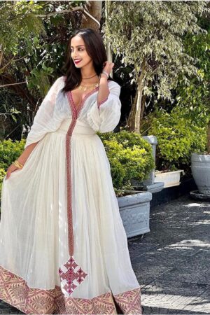 Zuria Habesha Kemis – White with Red Cross Tibeb (Style 3) – Azmarino Fashion Boutique – view 2