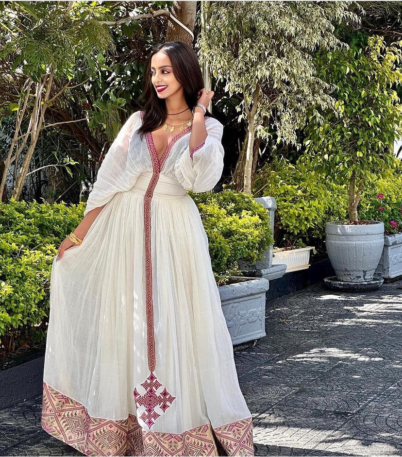 Zuria Habesha Kemis – White with Red Cross Tibeb (Style 3) – Azmarino Fashion Boutique – view 2