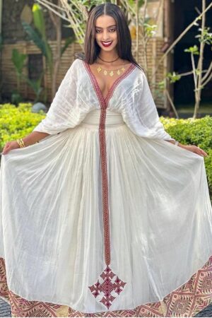 Zuria Habesha Kemis – White with Red Cross Tibeb (Style 3) – Azmarino Fashion Boutique – view 3