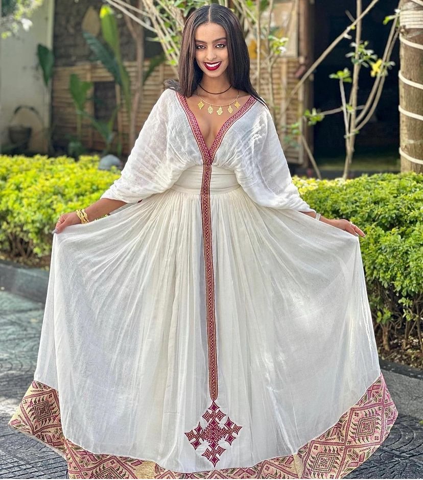Zuria Habesha Kemis – White with Red Cross Tibeb (Style 3) – Azmarino Fashion Boutique – view 3