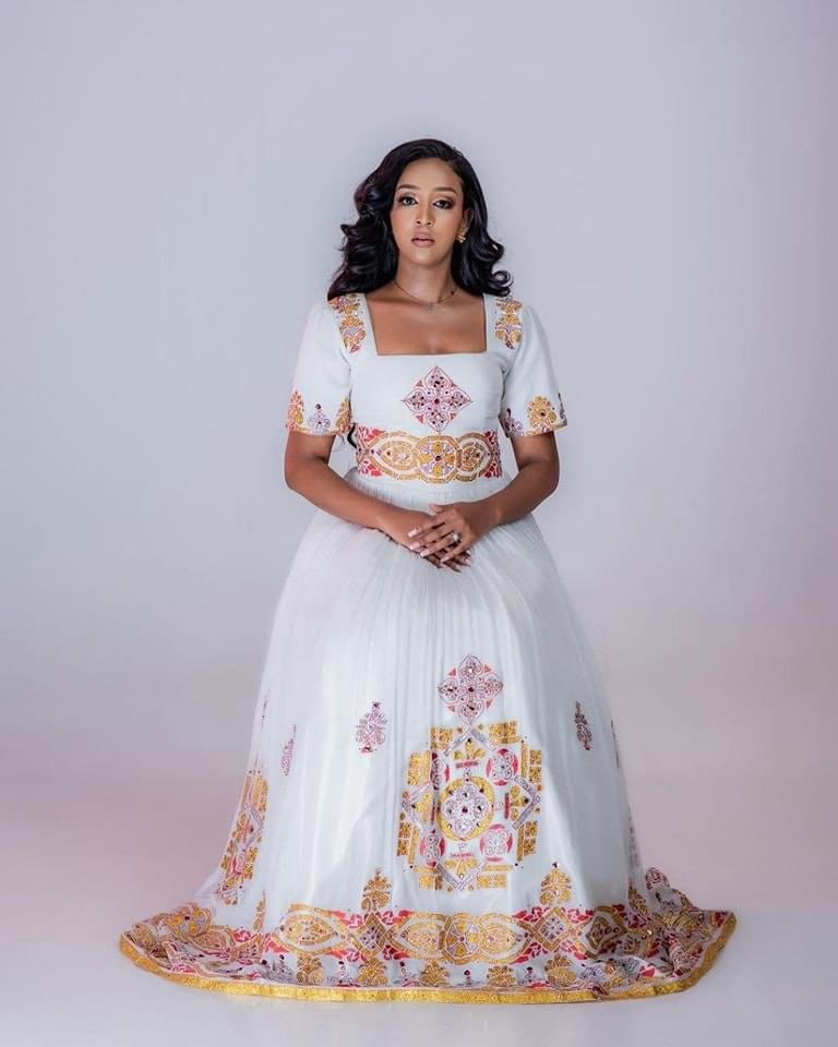 Zuria Habesha Kemis – White with Red Cross Tibeb (Style 5) – Azmarino Fashion Boutique