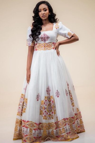 Zuria Habesha Kemis – White with Red Cross Tibeb (Style 6)