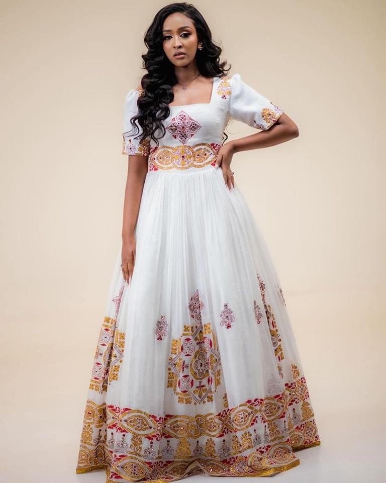 Zuria Habesha Kemis – White with Red Cross Tibeb (Style 6) – Azmarino Fashion Boutique