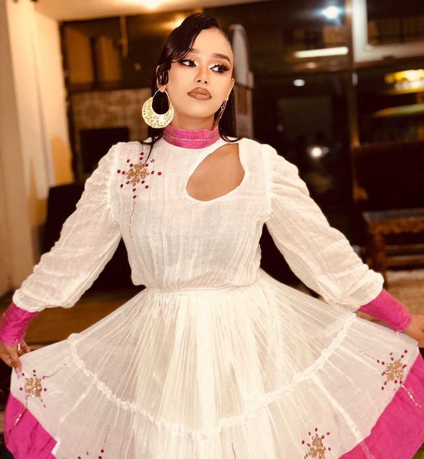 Zuria Habesha Kemis – White with Red Cut-Out Neckline (Style 1) – Azmarino Fashion Boutique