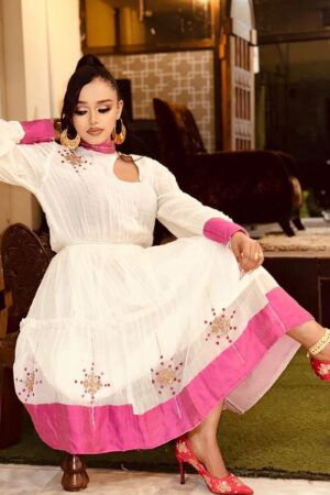 Zuria Habesha Kemis – White with Red Cut-Out Neckline (Style 1) – Azmarino Fashion Boutique – view 2