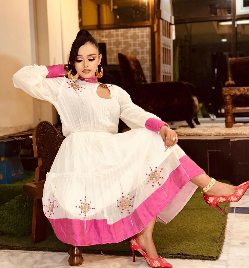 Zuria Habesha Kemis – White with Red Cut-Out Neckline (Style 1) – Azmarino Fashion Boutique – view 2
