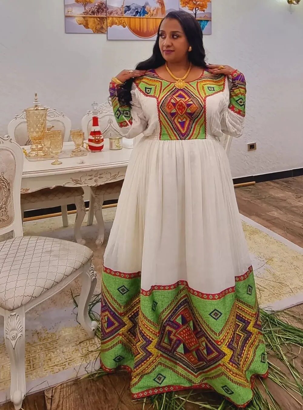 Zuria Habesha Kemis – White with Red, Green & Gold Tibeb – Azmarino Fashion Boutique