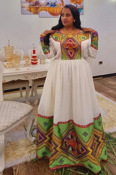 Zuria Habesha Kemis – White with Red, Green & Gold Tibeb