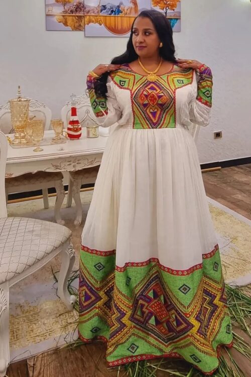 Zuria Habesha Kemis – White with Red, Green & Gold Tibeb – Azmarino Fashion Boutique