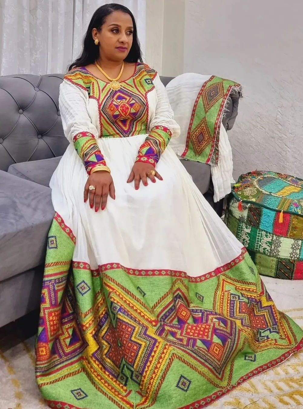 Zuria Habesha Kemis – White with Red, Green & Gold Tibeb – Azmarino Fashion Boutique – view 2