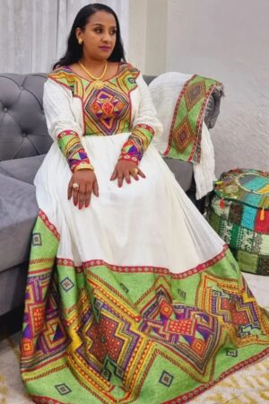 Zuria Habesha Kemis – White with Red, Green & Gold Tibeb – Azmarino Fashion Boutique – view 2