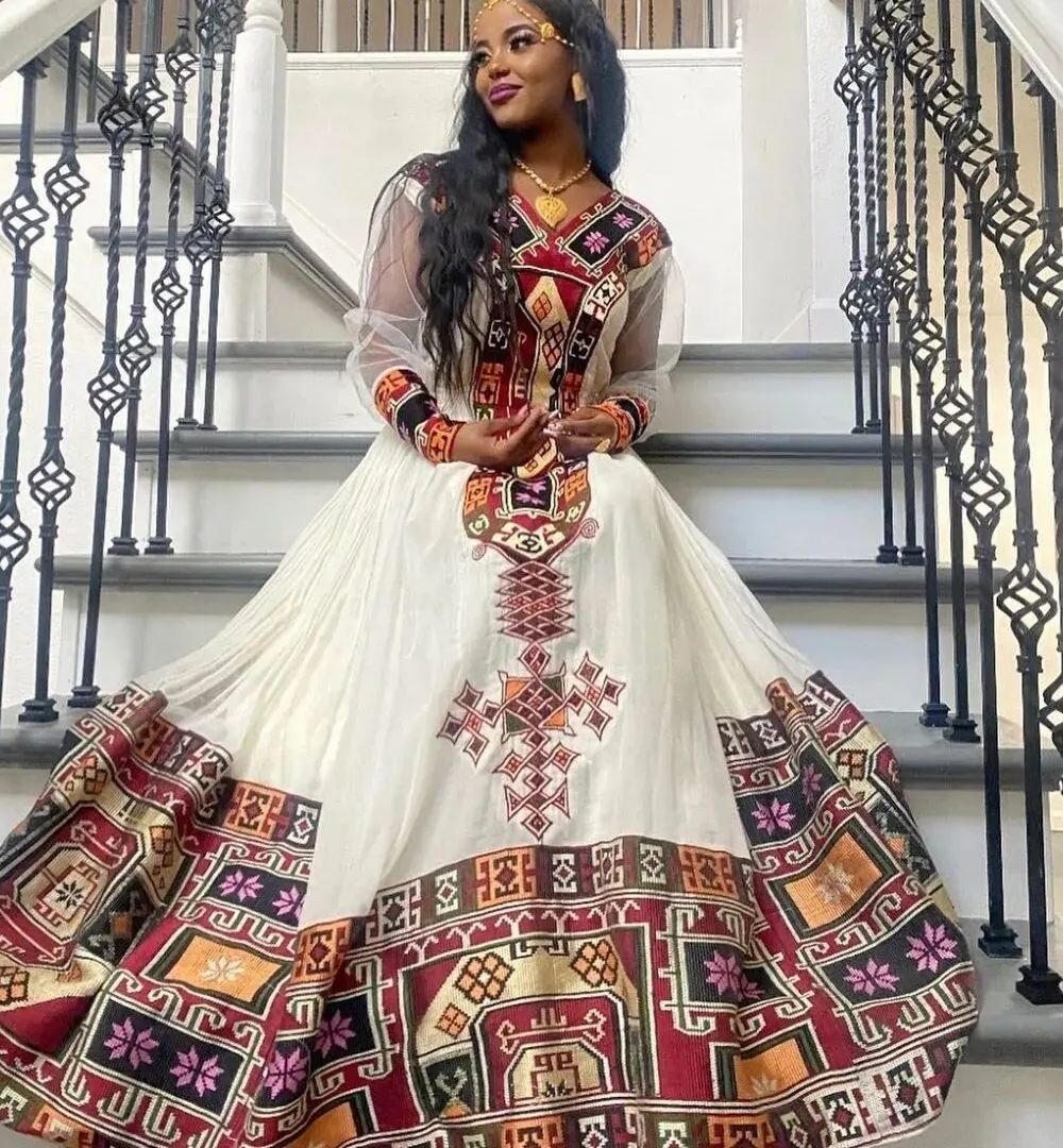 Zuria Habesha Kemis – White with Red Multicolour Tibeb – Azmarino Fashion Boutique