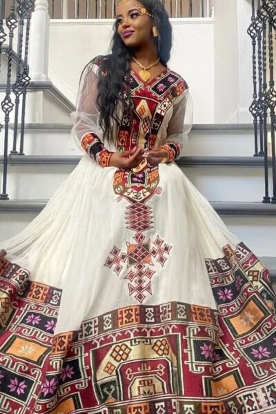 Zuria Habesha Kemis – White with Red Multicolour Tibeb
