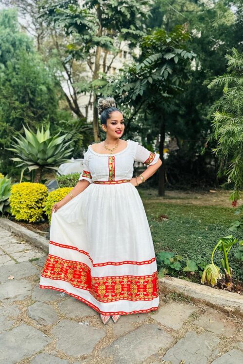 Zuria Habesha Kemis – White with Red Tibeb Hem (Style 1) – Azmarino Fashion Boutique