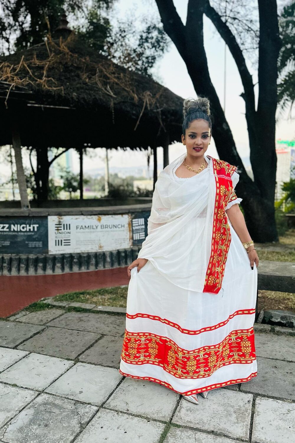 Zuria Habesha Kemis – White with Red Tibeb Hem (Style 1) – Azmarino Fashion Boutique – view 3