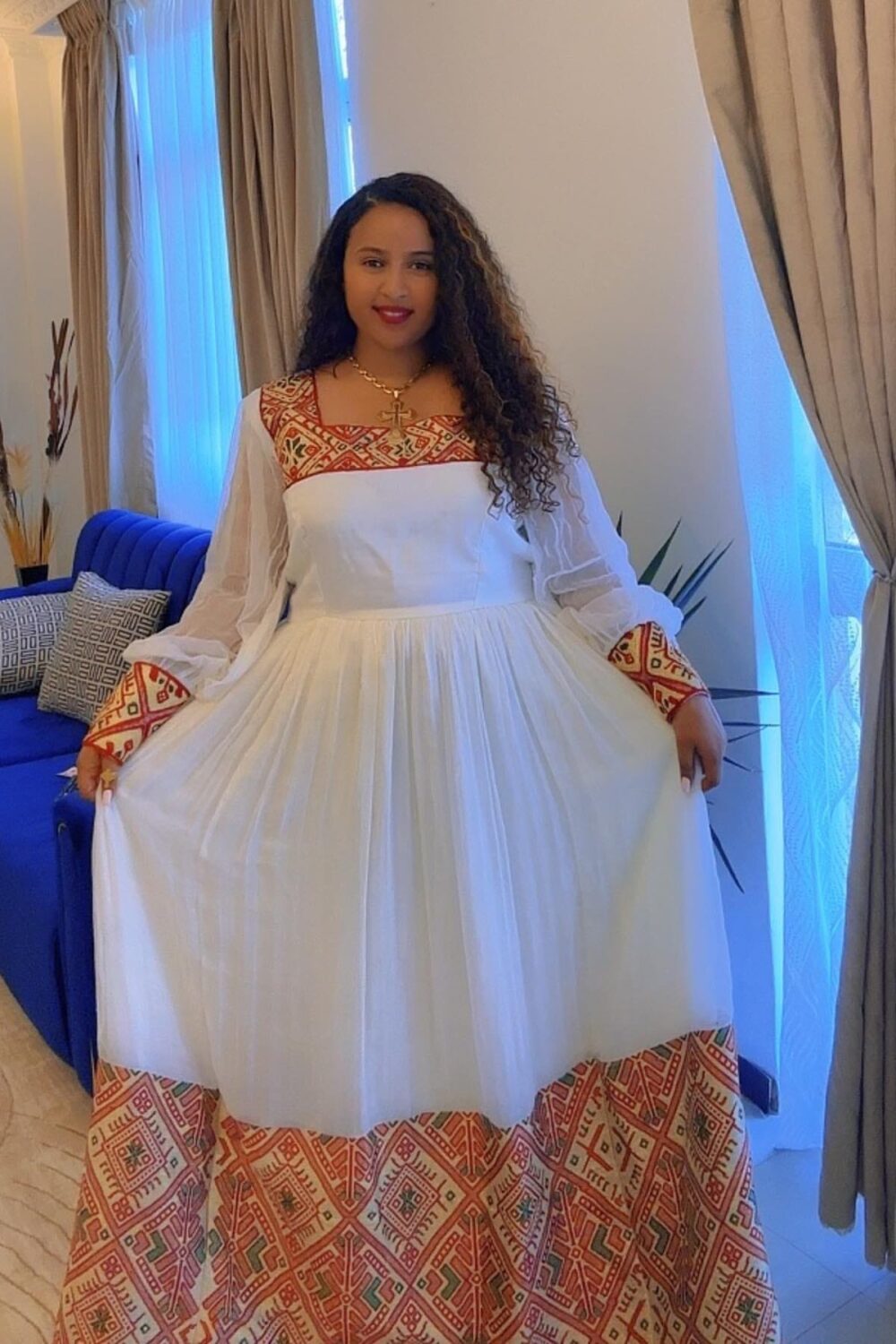 Zuria Habesha Kemis – White with Red Tibeb Hem (Style 2) – Azmarino Fashion Boutique