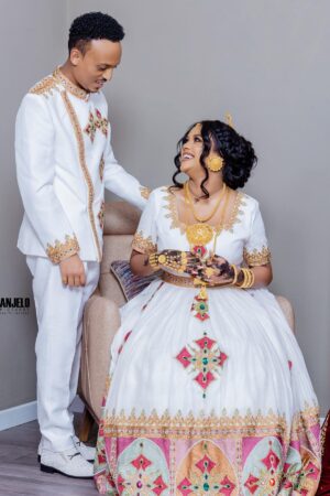 Zuria Habesha Kemis – White with Red Tibeb (Style 1) – Azmarino Fashion Boutique