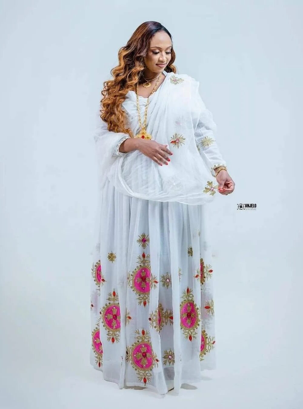 Zuria Habesha Kemis – White with Red Tibeb (Style 10) – Azmarino Fashion Boutique