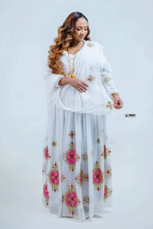 Zuria Habesha Kemis – White with Red Tibeb (Style 10) – Azmarino Fashion Boutique