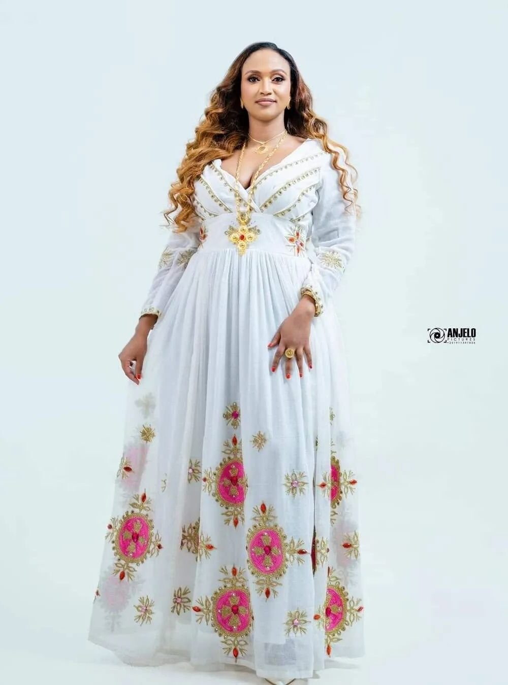 Zuria Habesha Kemis – White with Red Tibeb (Style 10) – Azmarino Fashion Boutique – view 3