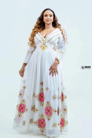 Zuria Habesha Kemis – White with Red Tibeb (Style 10) – Azmarino Fashion Boutique – view 3