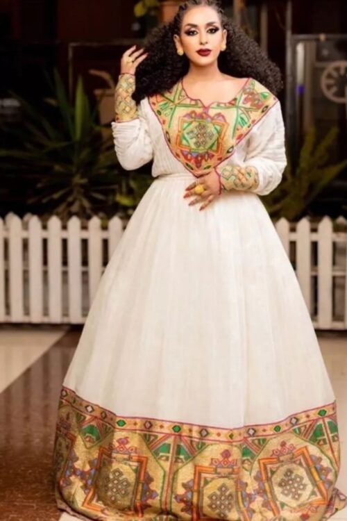 Zuria Habesha Kemis – White with Red Tibeb (Style 12) – Azmarino Fashion Boutique