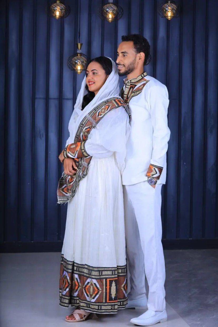 Zuria Habesha Kemis – White with Red Tibeb (Style 13) – Azmarino Fashion Boutique – view 3