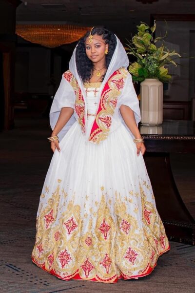 Zuria Habesha Kemis – White with Red Tibeb (Style 14)