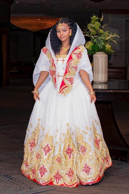 Zuria Habesha Kemis – White with Red Tibeb (Style 14) – Azmarino Fashion Boutique