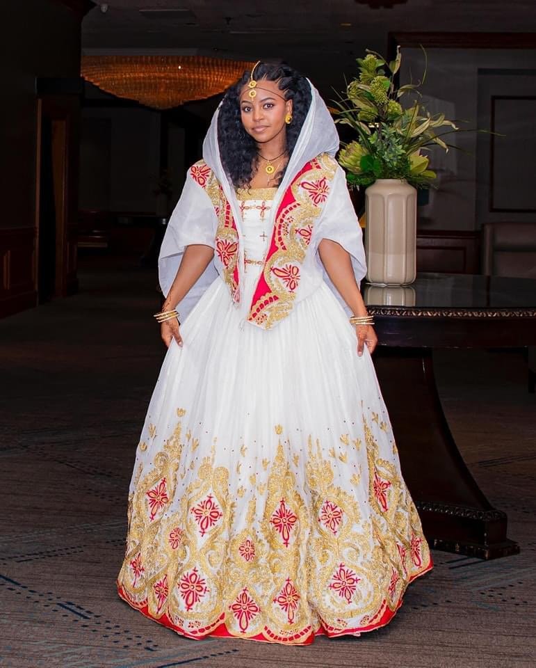 Zuria Habesha Kemis – White with Red Tibeb (Style 14) – Azmarino Fashion Boutique