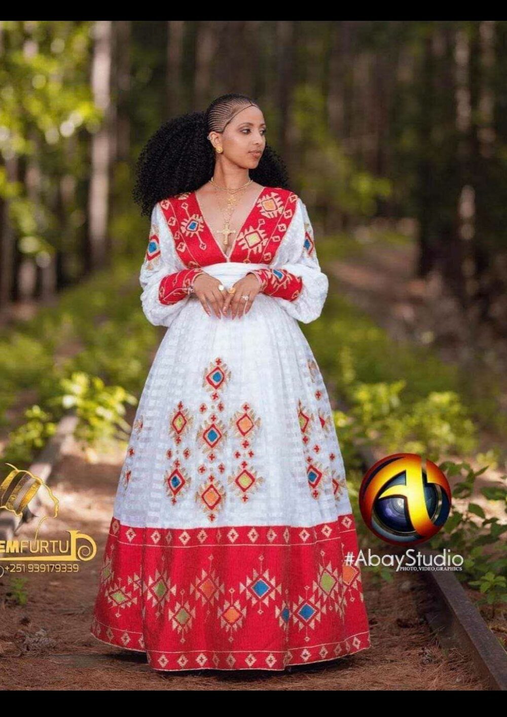 Zuria Habesha Kemis – White with Red Tibeb (Style 15) – Azmarino Fashion Boutique